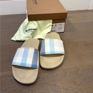 Burberry Blue and Tan Slide Sandals